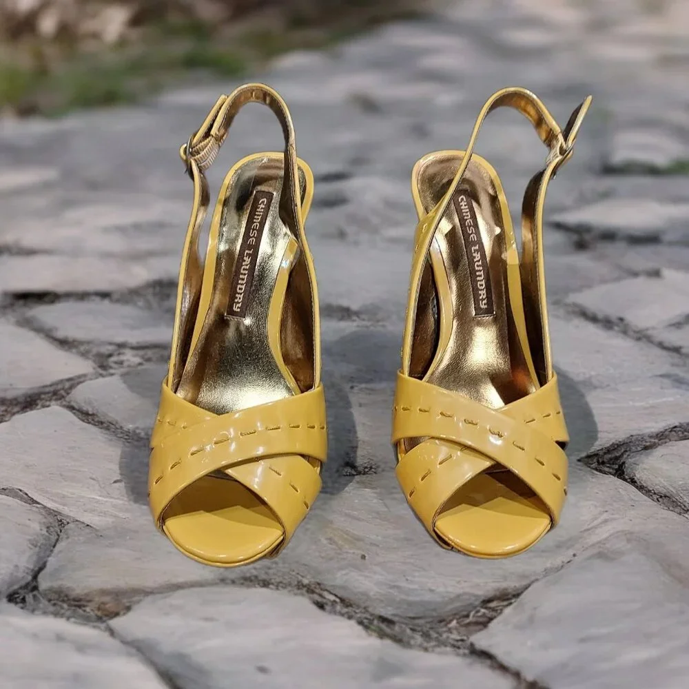 Chinese Laundry Yellow Patent Leather Slingback Brown Heels Pickstitch Size 7 - Picture 12 of 12